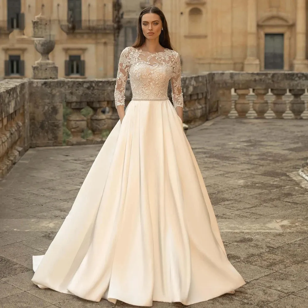Vestidos De Noiva Sexy Backless Lace A-Line Vintage Wedding Dress Three Quarter Applique Beaded Bridal Gown