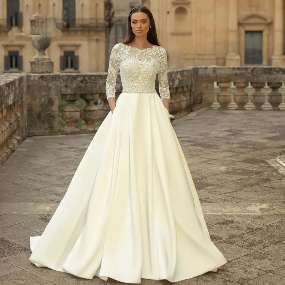 Vestidos De Noiva Sexy Backless Lace A-Line Vintage Wedding Dress Three Quarter Applique Beaded Bridal Gown