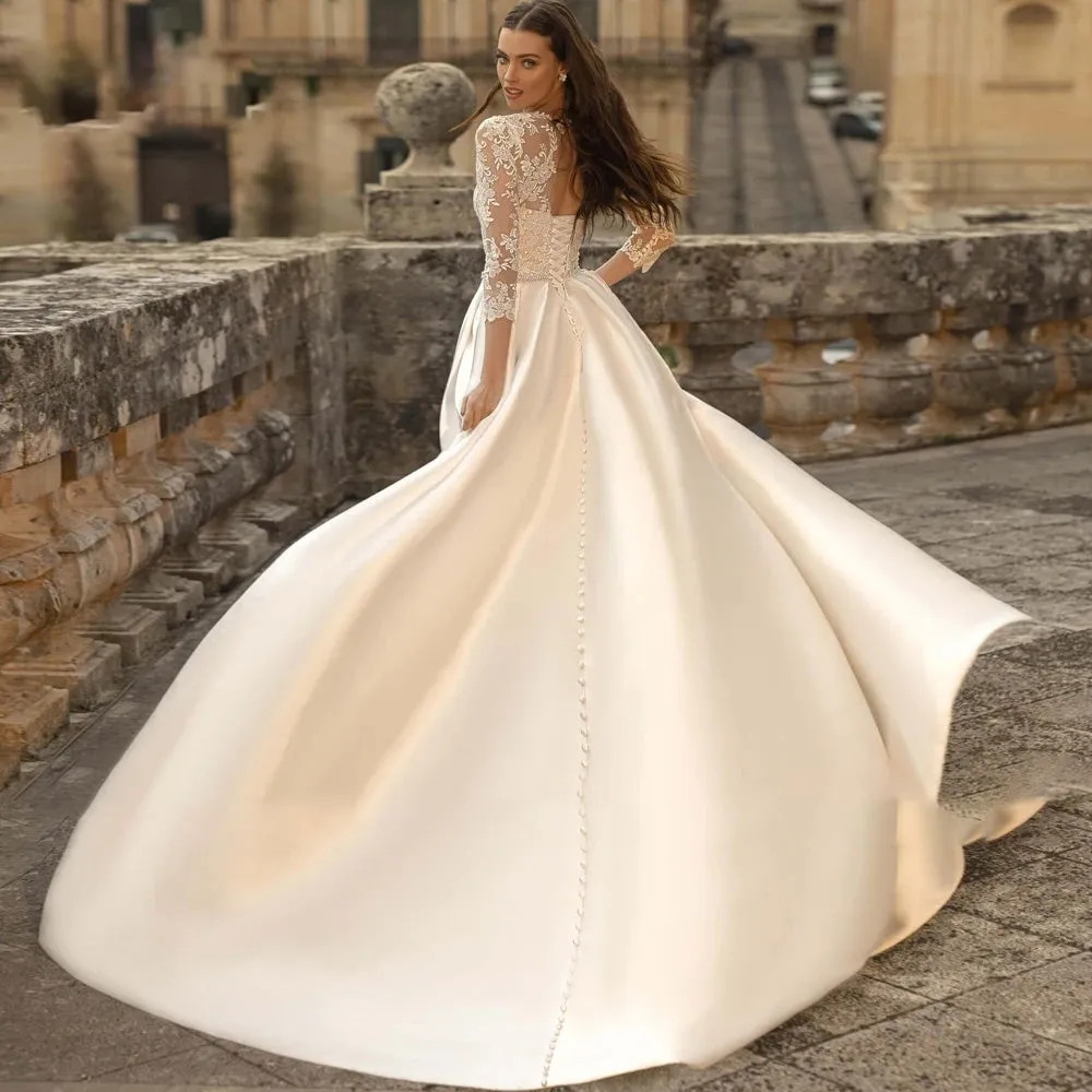 Vestidos De Noiva Sexy Backless Lace A-Line Vintage Wedding Dress Three Quarter Applique Beaded Bridal Gown