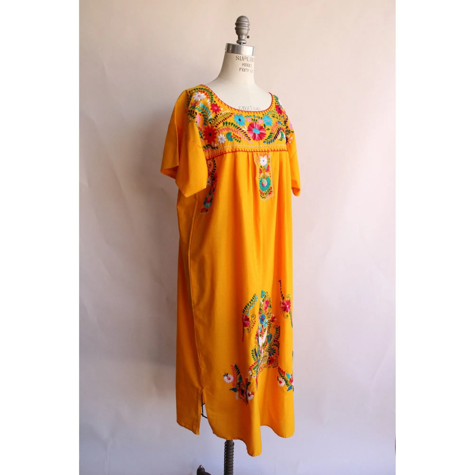Vintage 1970s 1980s Yellow-Orange Mexican Embroidered Dress