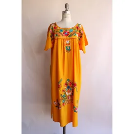 Vintage 1970s 1980s Yellow-Orange Mexican Embroidered Dress