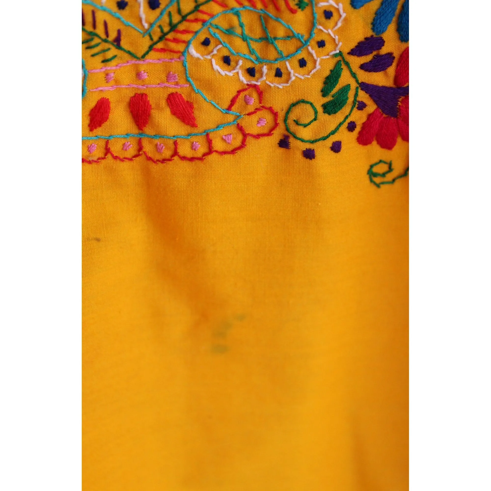 Vintage 1970s 1980s Yellow-Orange Mexican Embroidered Dress