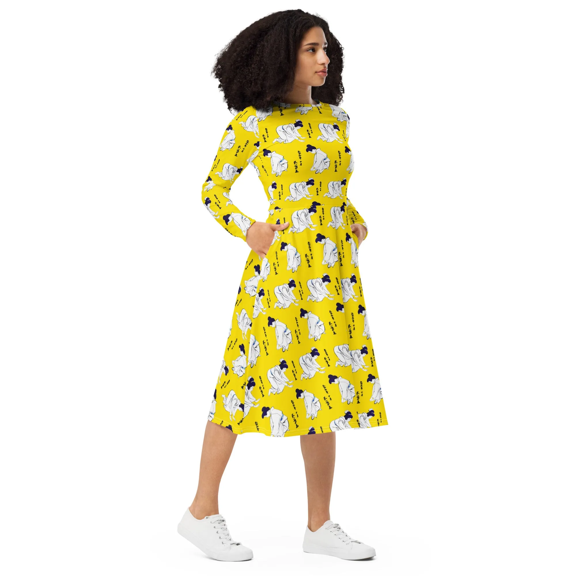 Vintage Geisha Print long sleeve midi dress
