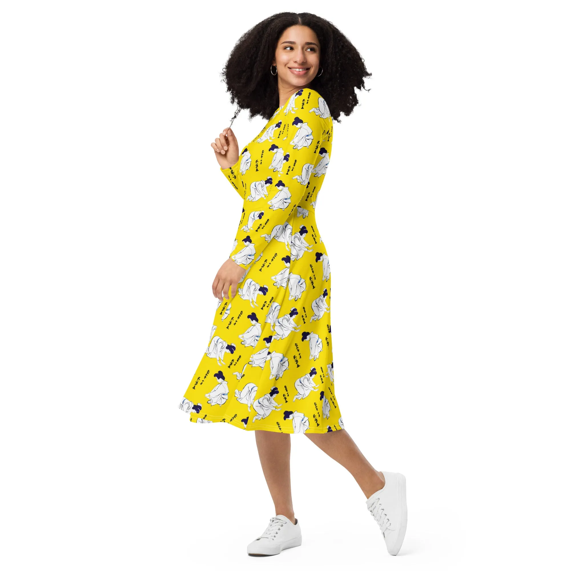 Vintage Geisha Print long sleeve midi dress