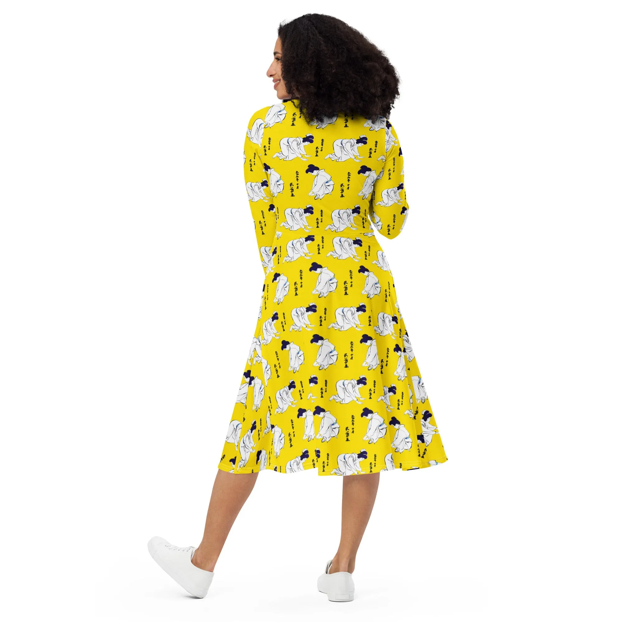 Vintage Geisha Print long sleeve midi dress