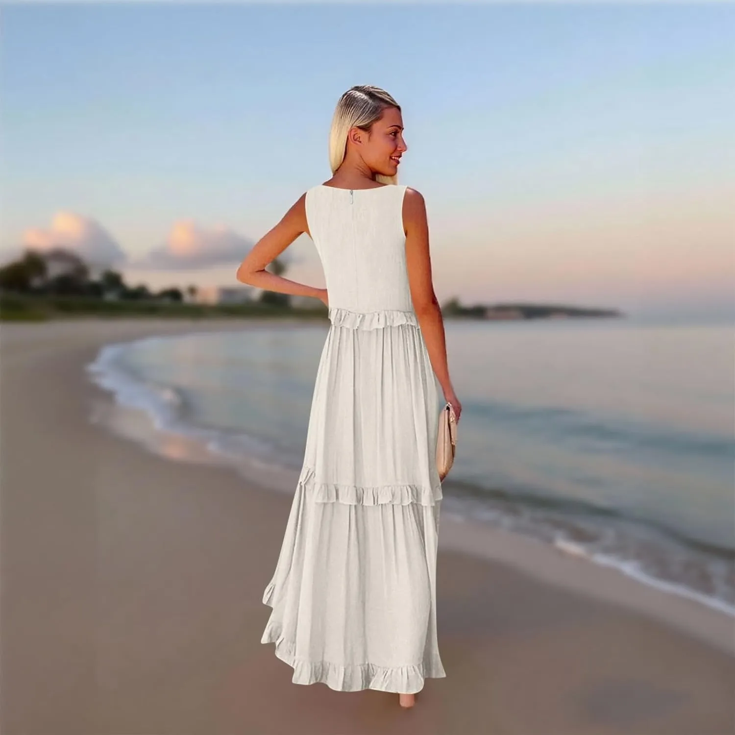 Wedding Guest Dresses for Women Summer V Neck Flowy Swing Maxi Dress Tiered Pleated Lined A Line Long Dress Pockets