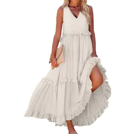 Wedding Guest Dresses for Women Summer V Neck Flowy Swing Maxi Dress Tiered Pleated Lined A Line Long Dress Pockets