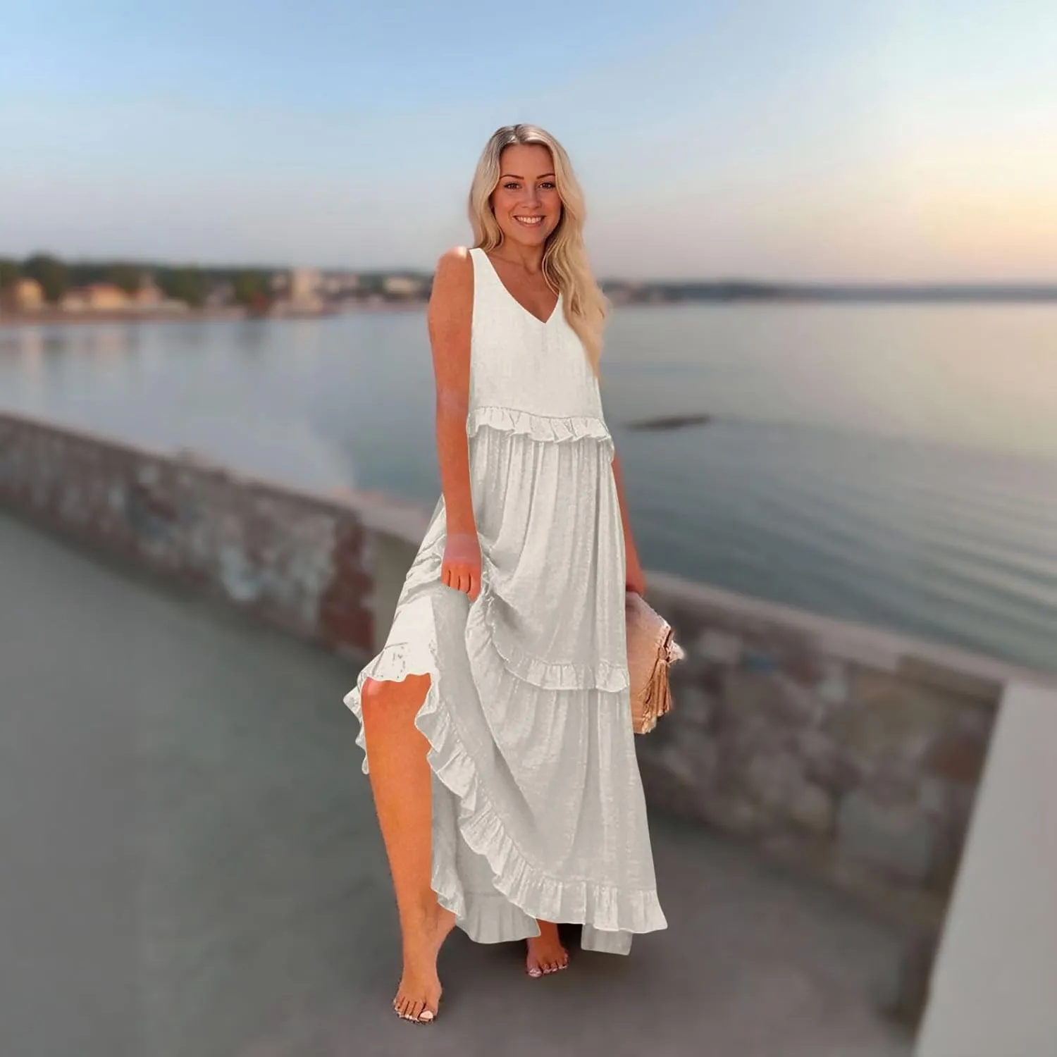 Wedding Guest Dresses for Women Summer V Neck Flowy Swing Maxi Dress Tiered Pleated Lined A Line Long Dress Pockets