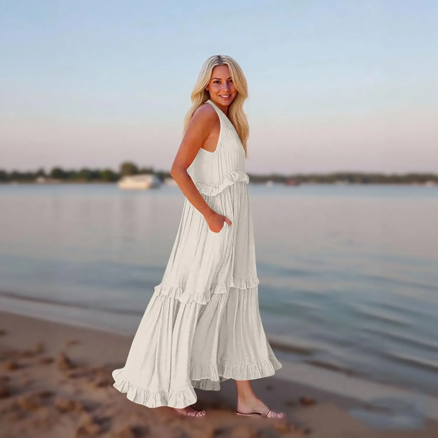 Wedding Guest Dresses for Women Summer V Neck Flowy Swing Maxi Dress Tiered Pleated Lined A Line Long Dress Pockets