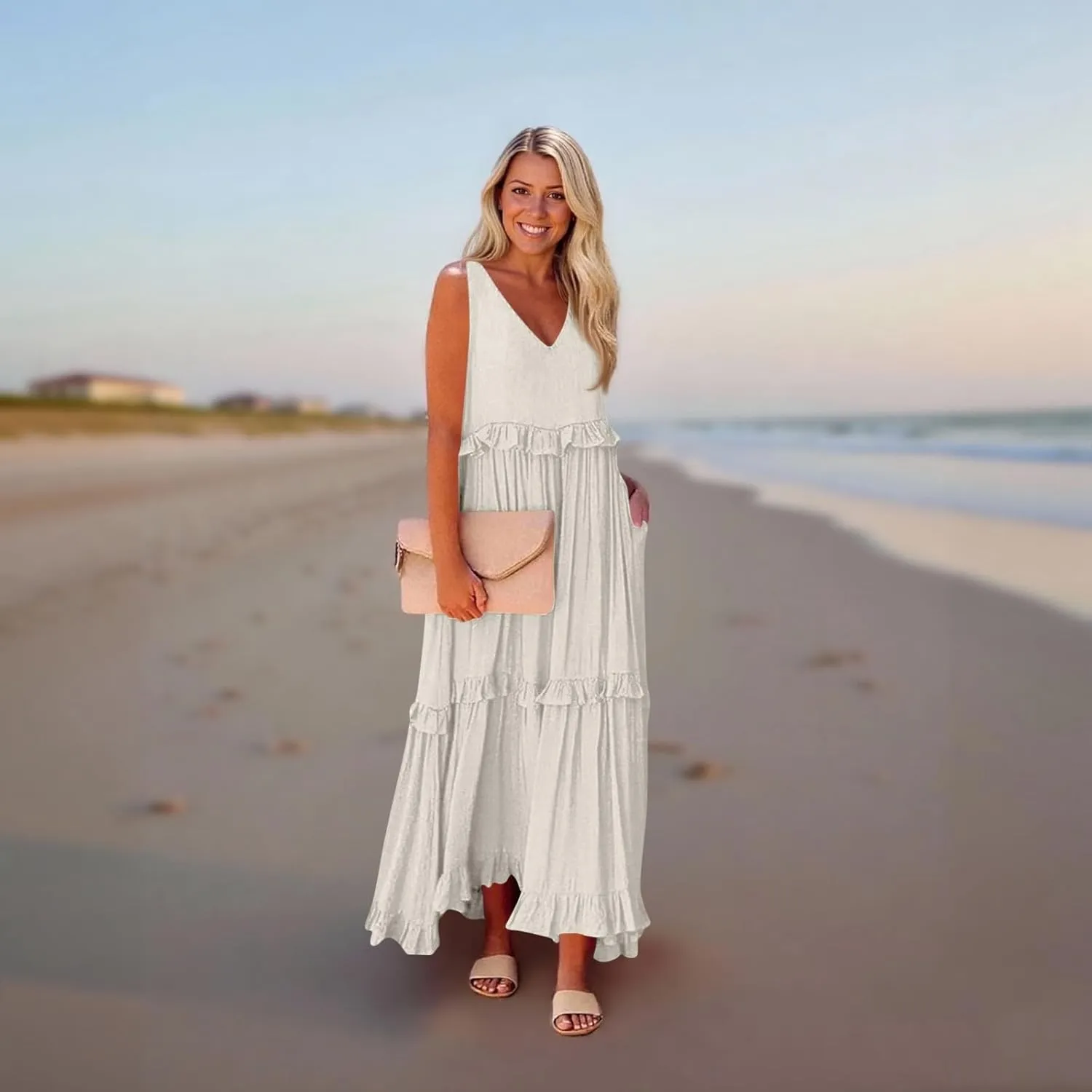 Wedding Guest Dresses for Women Summer V Neck Flowy Swing Maxi Dress Tiered Pleated Lined A Line Long Dress Pockets