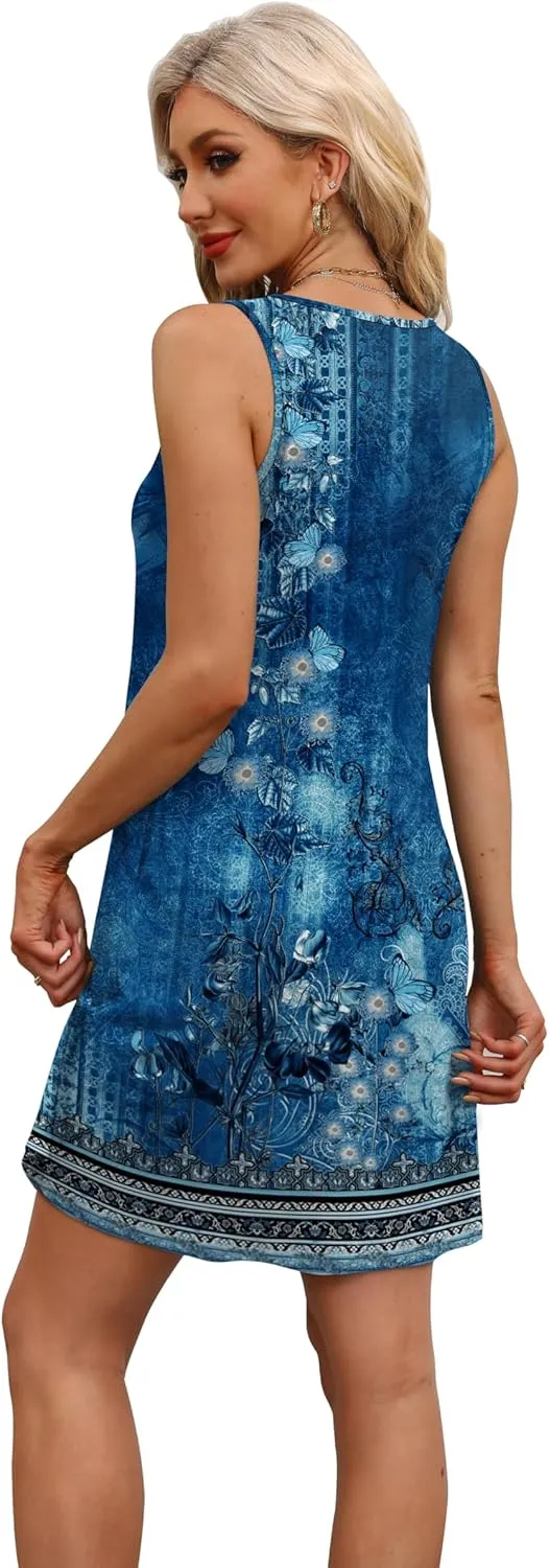 WEESO Womens Summer Dresses Loose U Neck Sleeveless Sundresses Dress with Pockets