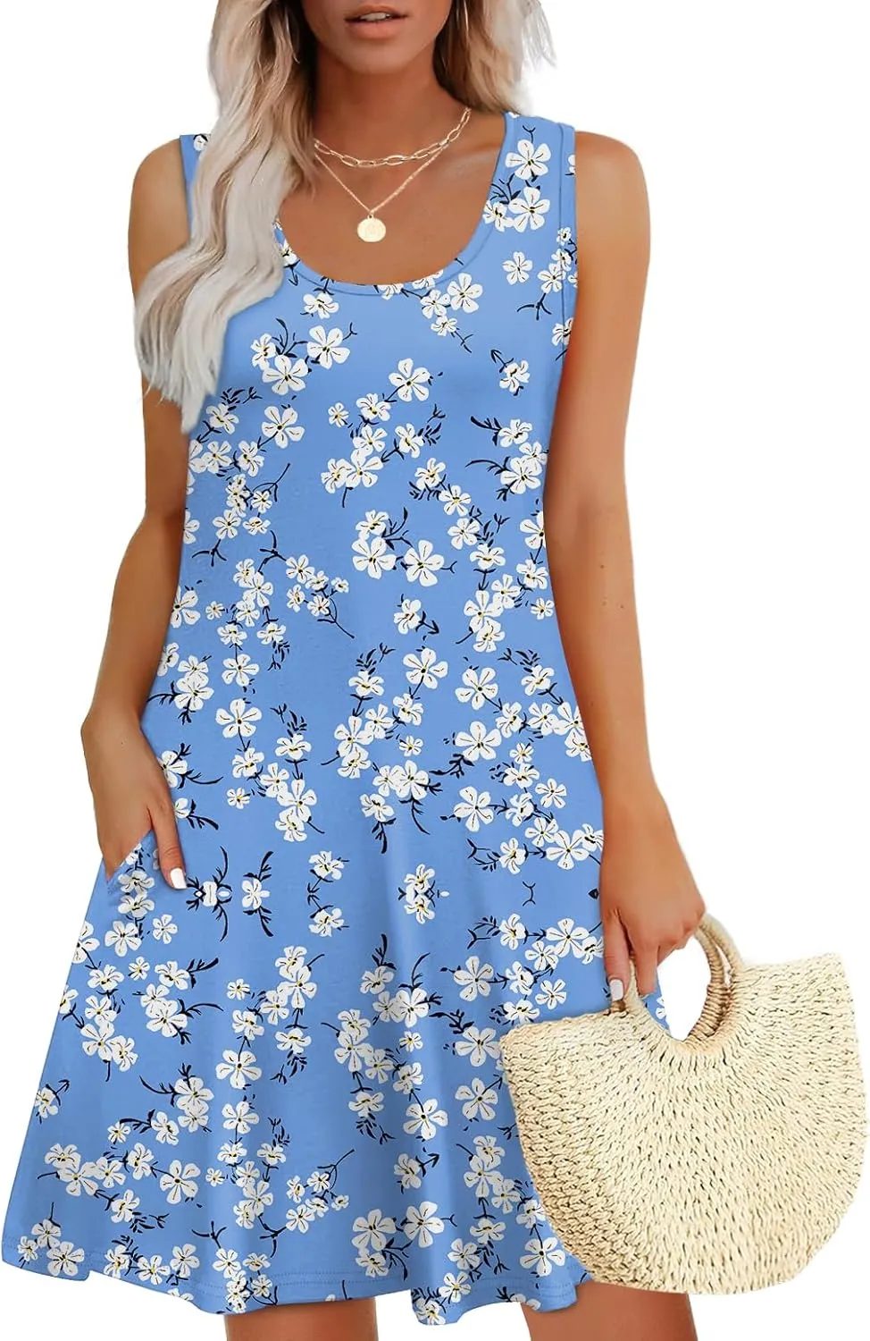WEESO Womens Summer Dresses Loose U Neck Sleeveless Sundresses Dress with Pockets
