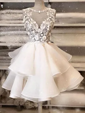 White round neck tulle lace short prom dress white homecoming dress