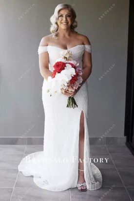 White Shimmer Off Shoulder Slit Wedding Dress