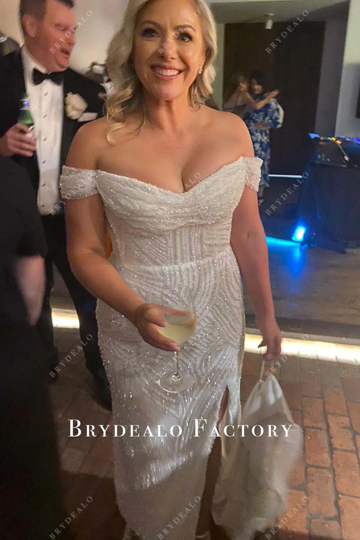 White Shimmer Off Shoulder Slit Wedding Dress