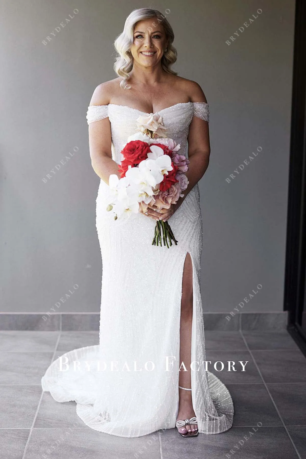 White Shimmer Off Shoulder Slit Wedding Dress