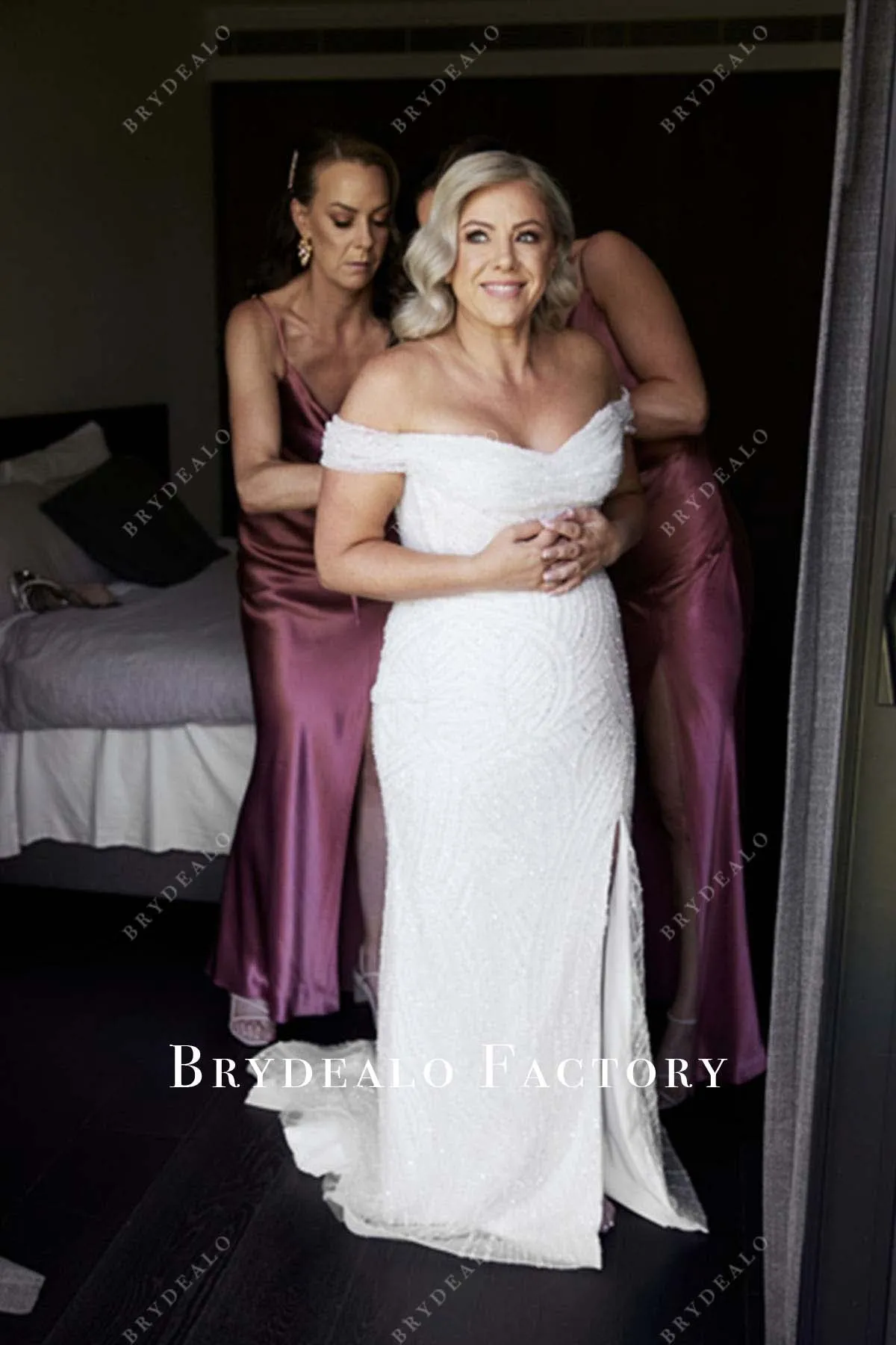 White Shimmer Off Shoulder Slit Wedding Dress
