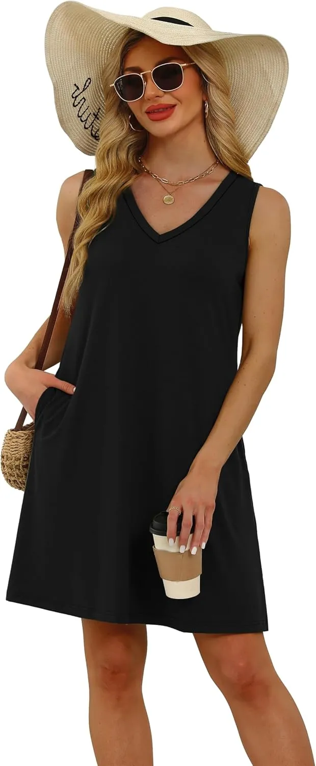 WIHOLL Womens Summer Dresses Loose Fit V Neck Sleeveless Sundresses Beach Hawaiian Dress with Pockets