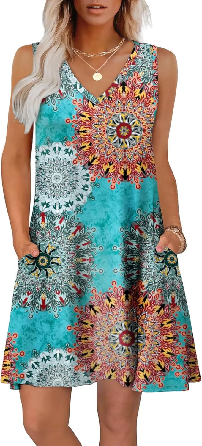 WIHOLL Womens Summer Dresses Loose Fit V Neck Sleeveless Sundresses Beach Hawaiian Dress with Pockets