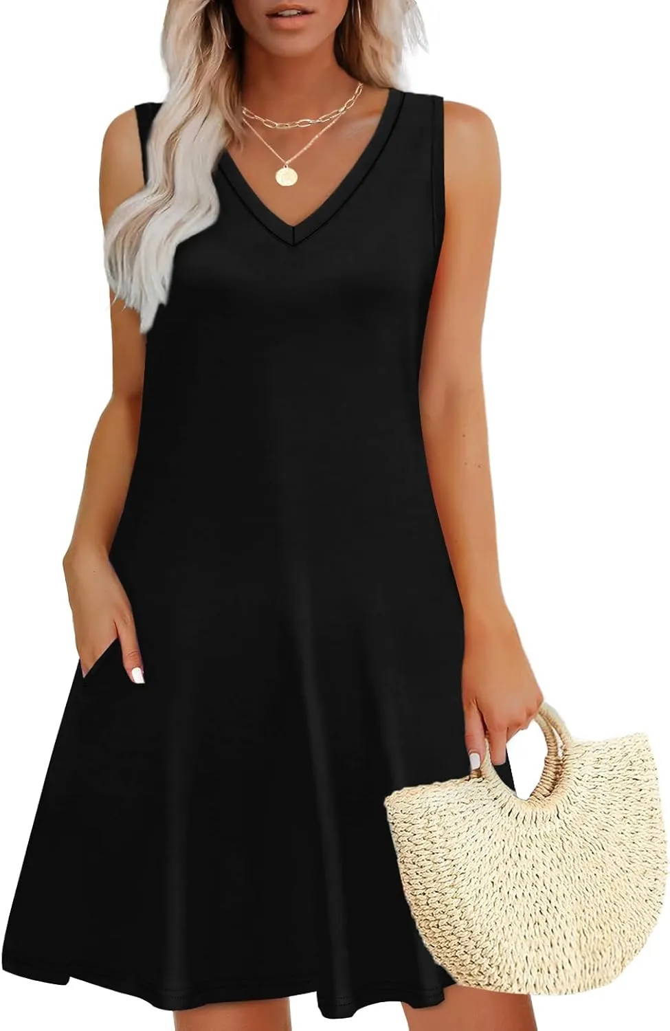 WIHOLL Womens Summer Dresses Loose Fit V Neck Sleeveless Sundresses Beach Hawaiian Dress with Pockets