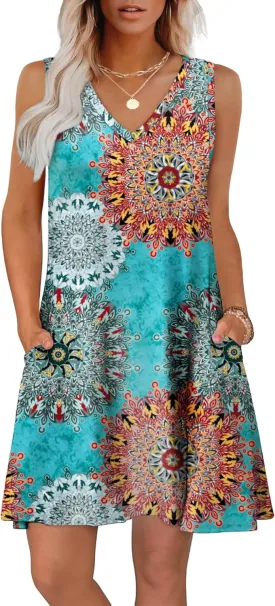 WIHOLL Womens Summer Dresses Loose Fit V Neck Sleeveless Sundresses Beach Hawaiian Dress with Pockets