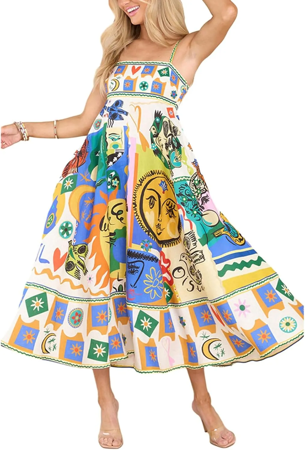 Women Boho Cute Print Maxi Dress Summer Graffiti Cami Long Dress Straghetti Strap Flowy Slip Dress Beach Dress