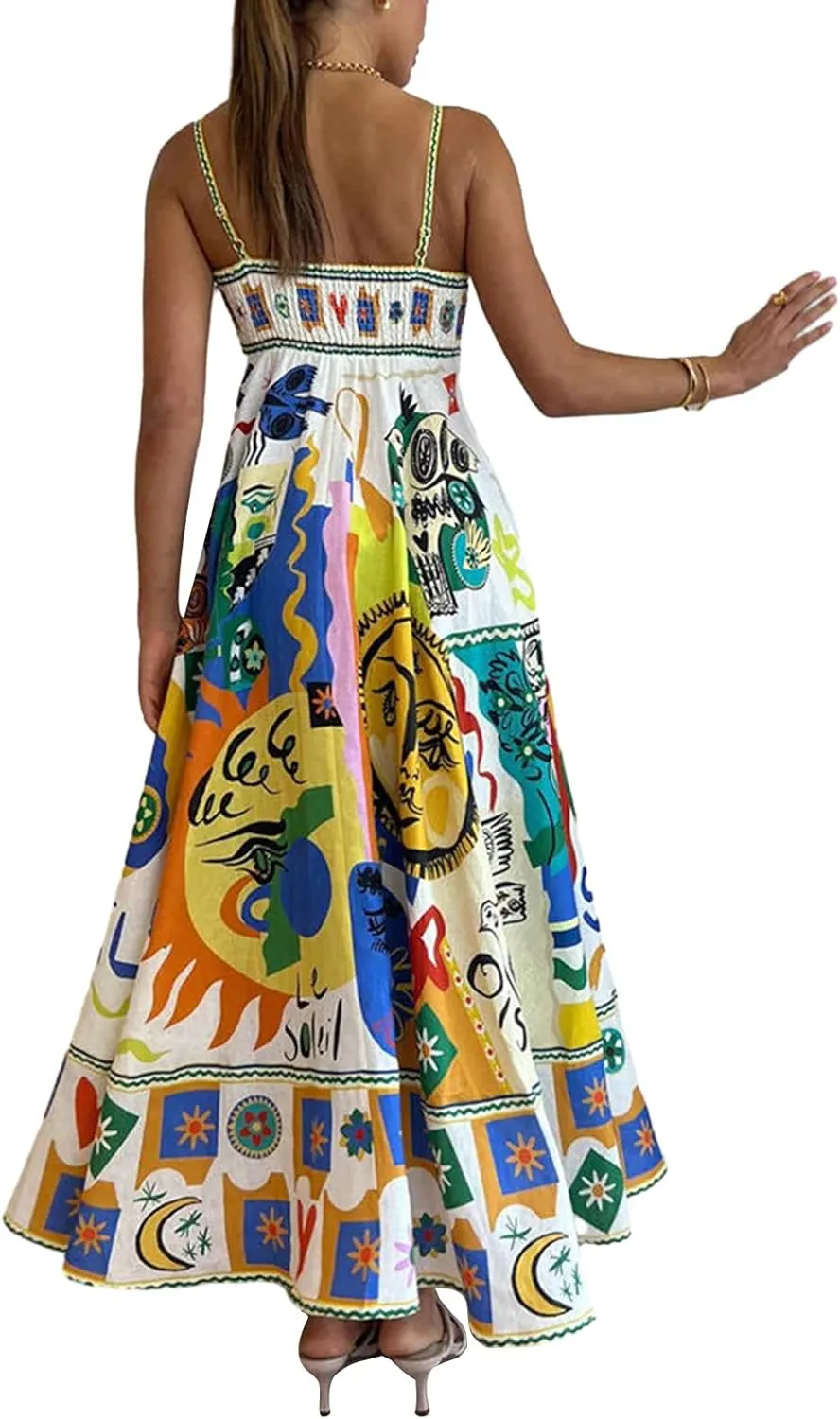 Women Boho Cute Print Maxi Dress Summer Graffiti Cami Long Dress Straghetti Strap Flowy Slip Dress Beach Dress