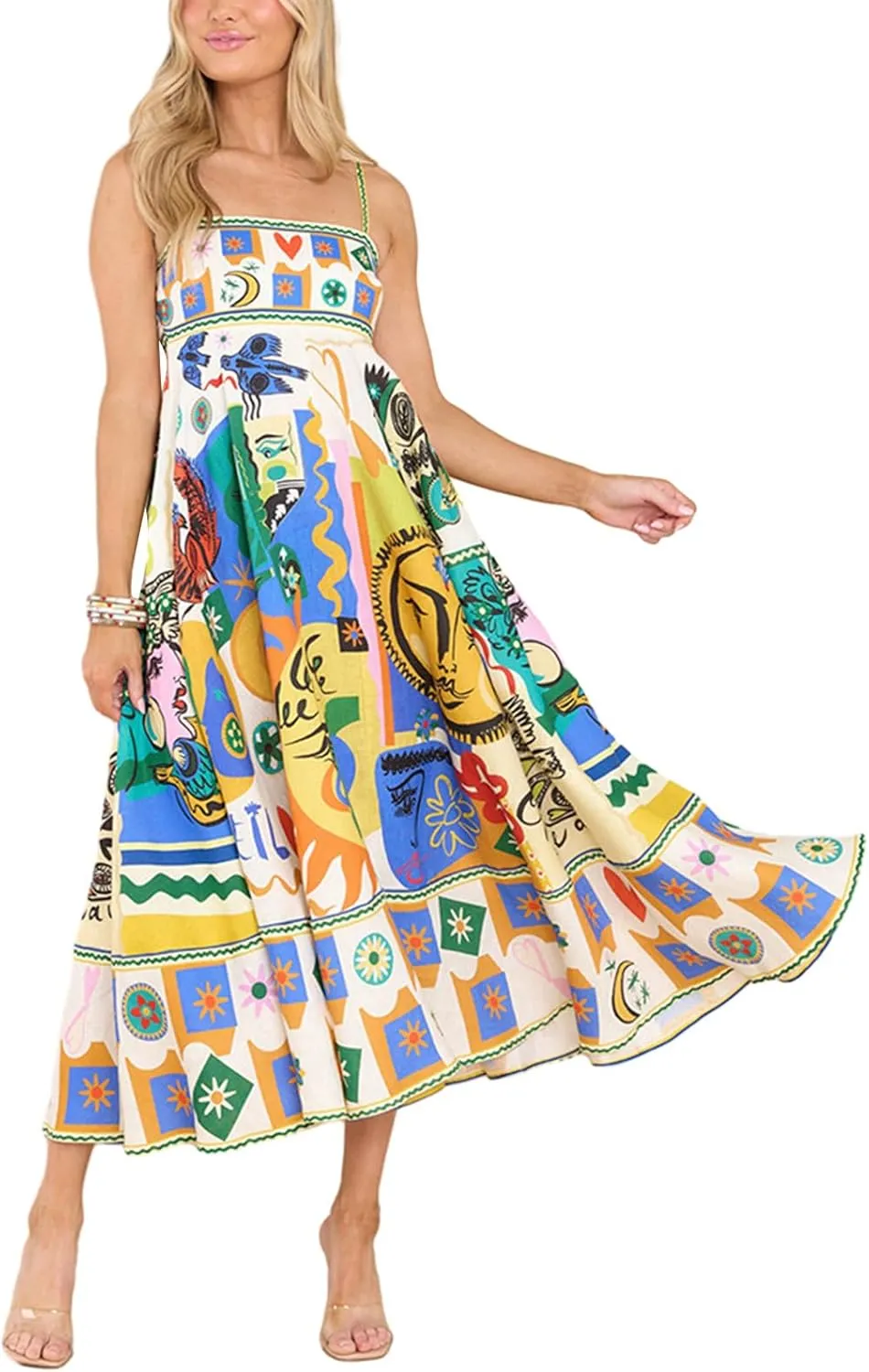 Women Boho Cute Print Maxi Dress Summer Graffiti Cami Long Dress Straghetti Strap Flowy Slip Dress Beach Dress