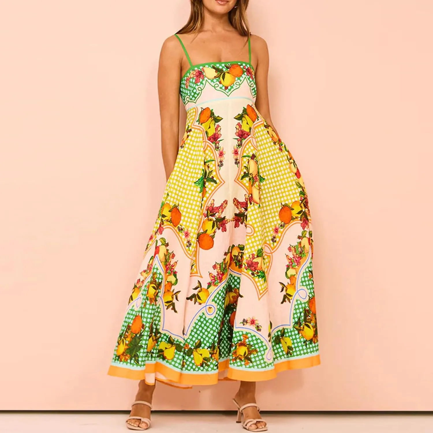 Women Boho Cute Print Maxi Dress Summer Graffiti Cami Long Dress Straghetti Strap Flowy Slip Dress Beach Dress