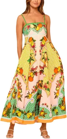 Women Boho Cute Print Maxi Dress Summer Graffiti Cami Long Dress Straghetti Strap Flowy Slip Dress Beach Dress