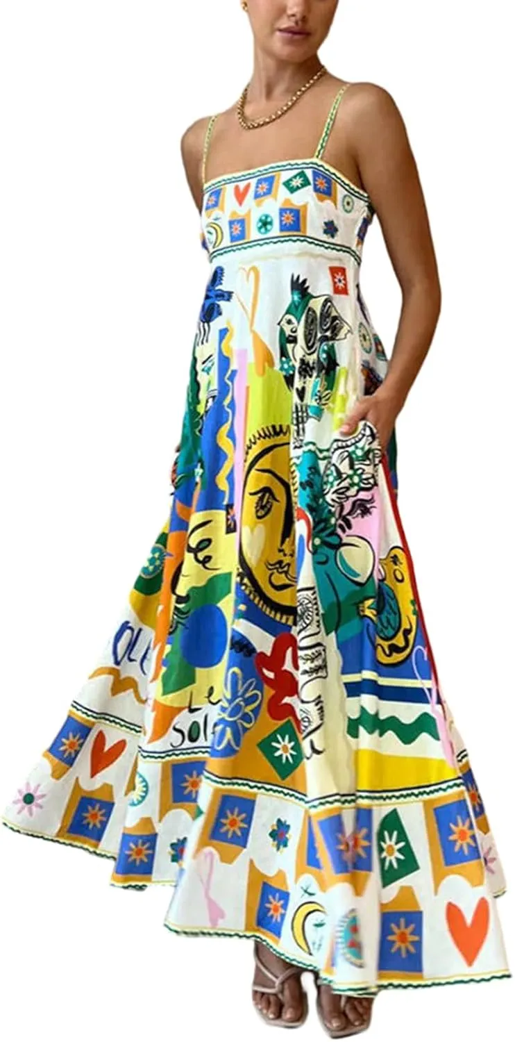 Women Boho Cute Print Maxi Dress Summer Graffiti Cami Long Dress Straghetti Strap Flowy Slip Dress Beach Dress