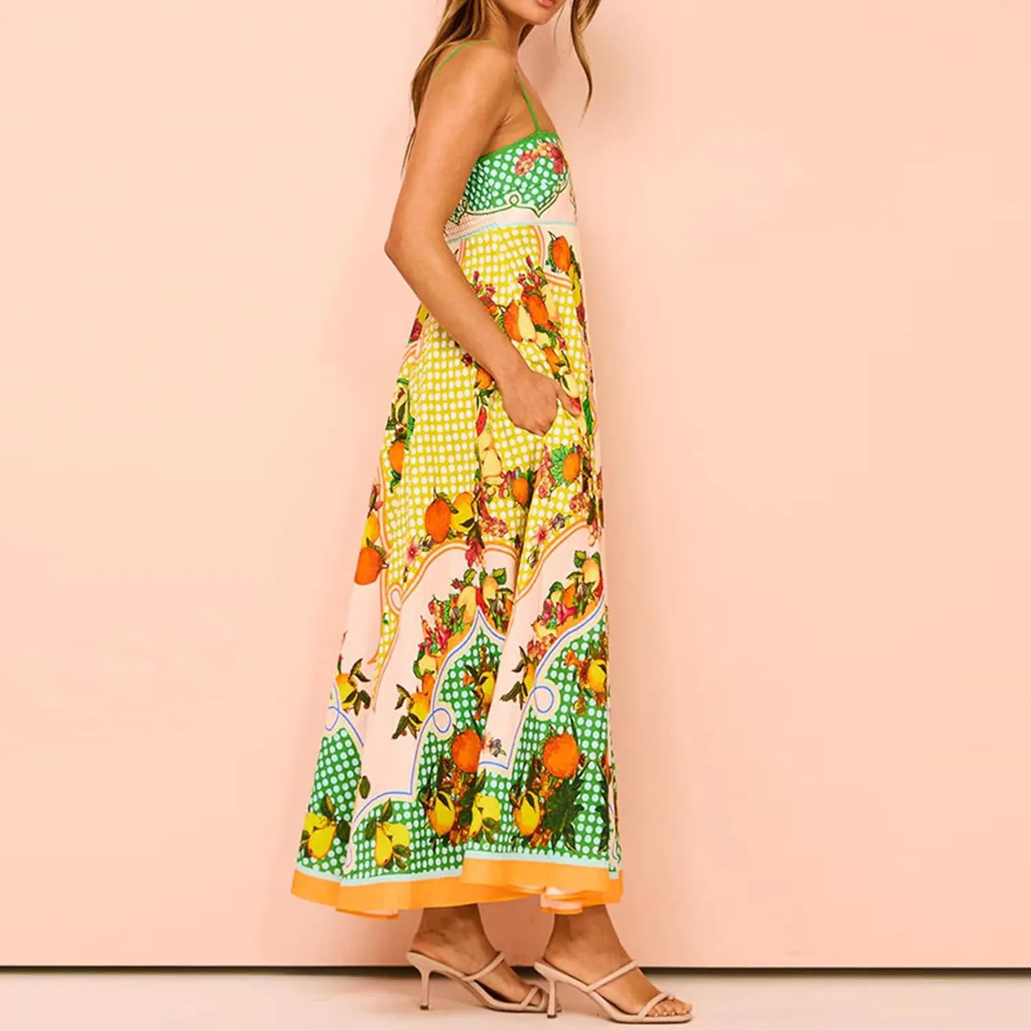 Women Boho Cute Print Maxi Dress Summer Graffiti Cami Long Dress Straghetti Strap Flowy Slip Dress Beach Dress