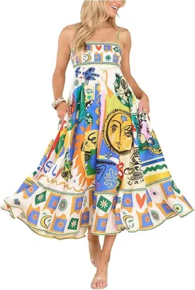 Women Boho Cute Print Maxi Dress Summer Graffiti Cami Long Dress Straghetti Strap Flowy Slip Dress Beach Dress