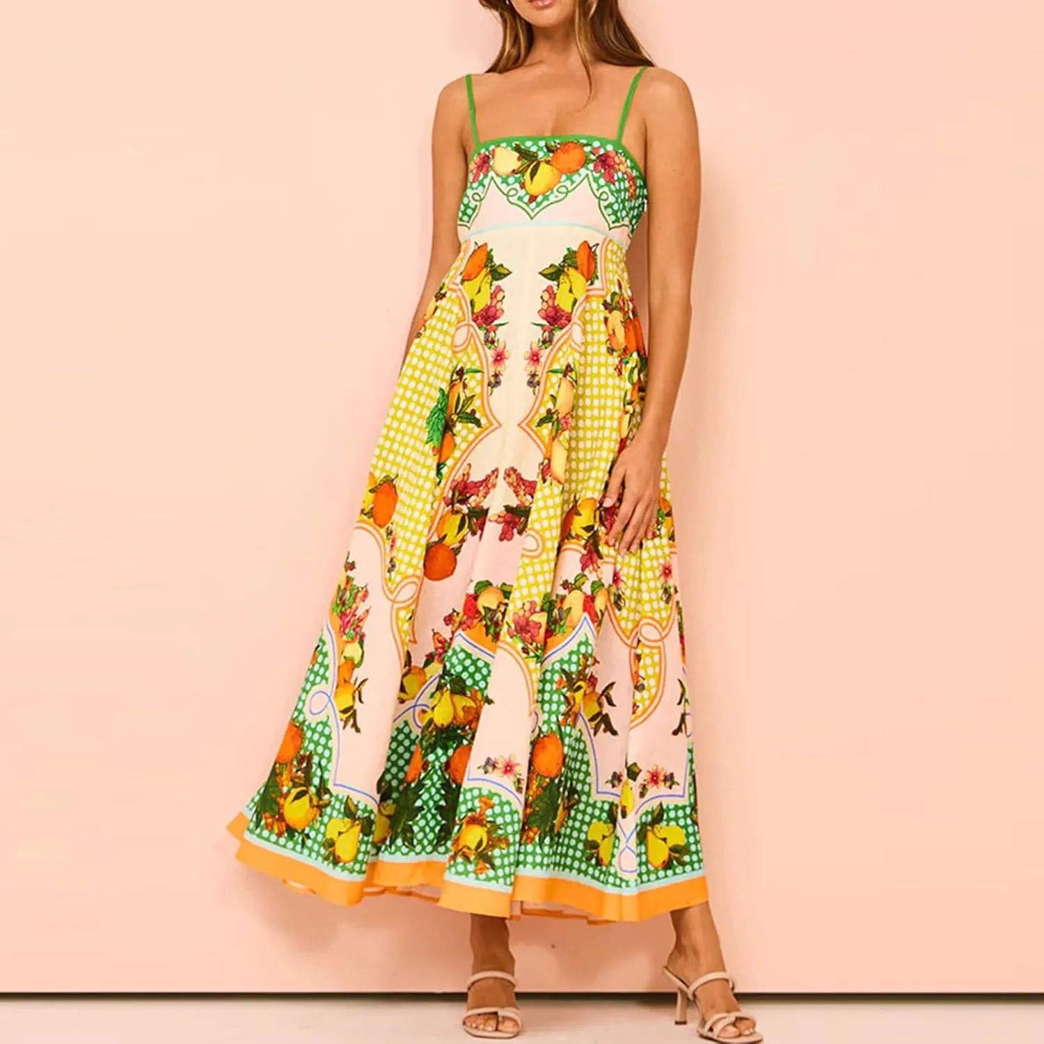 Women Boho Cute Print Maxi Dress Summer Graffiti Cami Long Dress Straghetti Strap Flowy Slip Dress Beach Dress