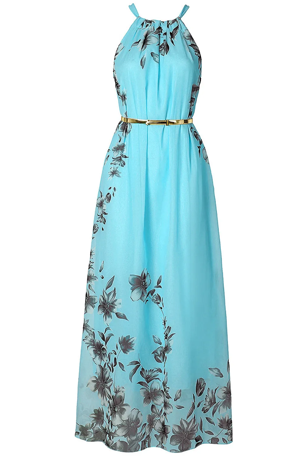 Women Lovely Floral Pattern Sleeveless Halter Neck Long Length Summmer Chiffon Dress - WDC60056