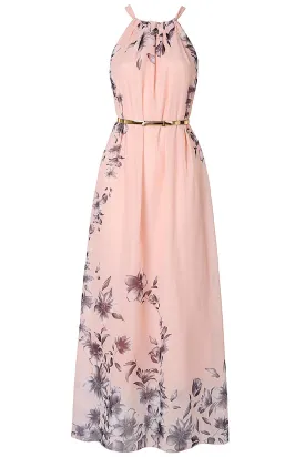 Women Lovely Floral Pattern Sleeveless Halter Neck Long Length Summmer Chiffon Dress - WDC60056