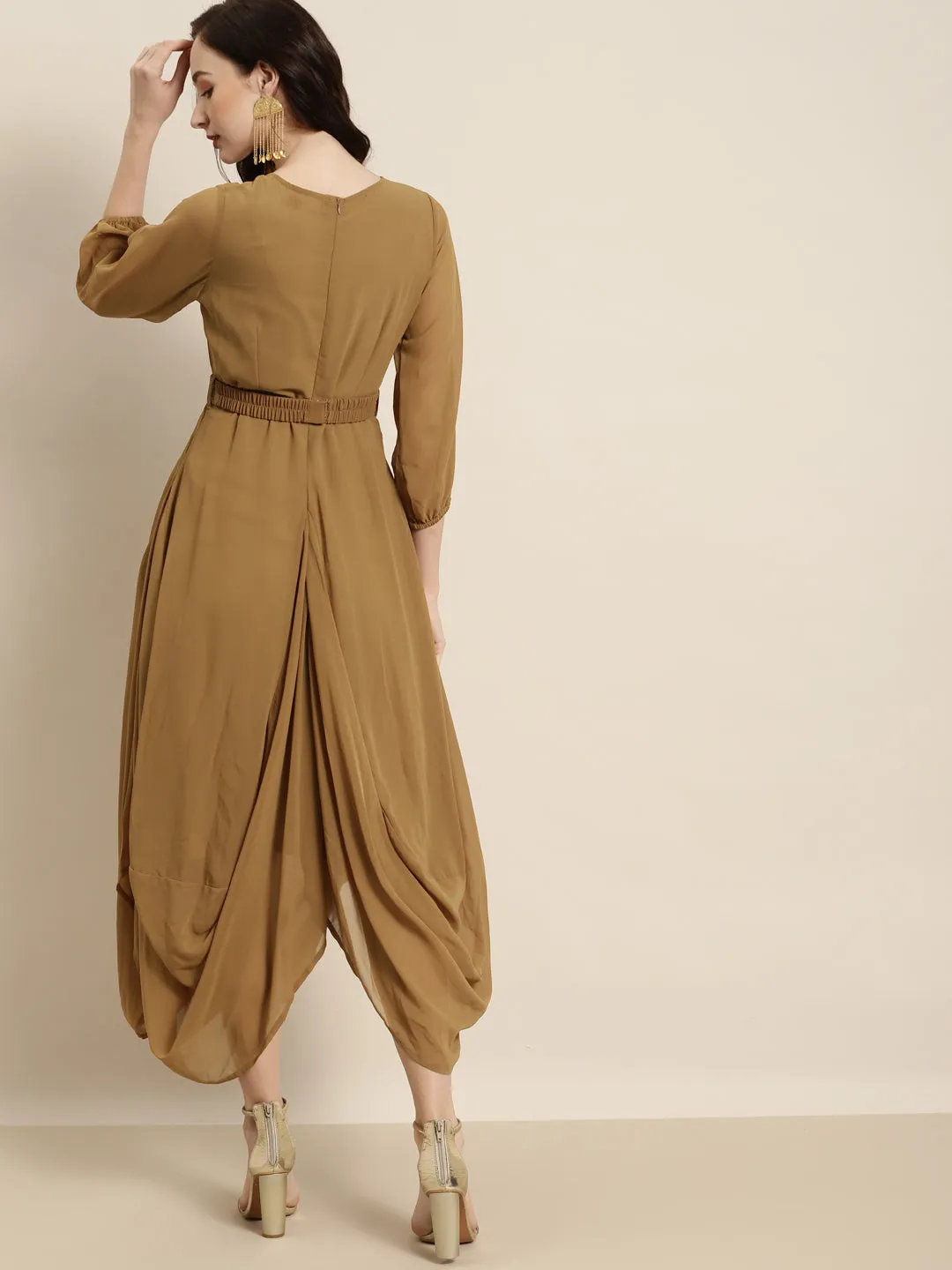 Women Mustard Embroidered Belt Dhoti Dress