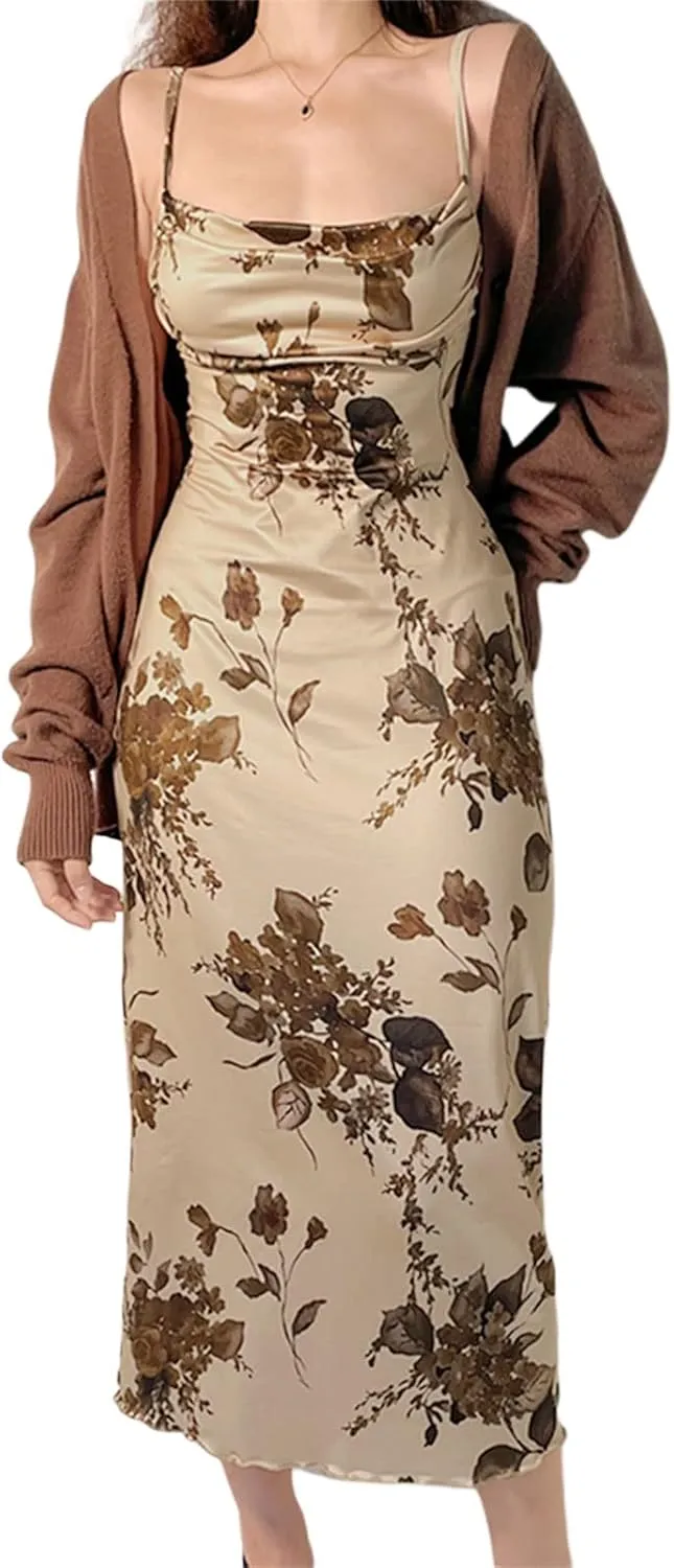 Women Y2k Floral Long Dress Flowers Spaghetti Strap Maxi Dress Backless Bodycon Slip Dress Sundress