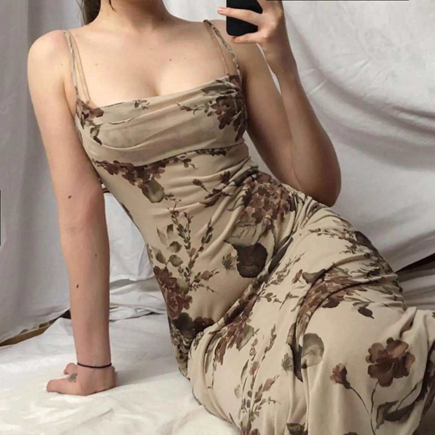 Women Y2k Floral Long Dress Flowers Spaghetti Strap Maxi Dress Backless Bodycon Slip Dress Sundress