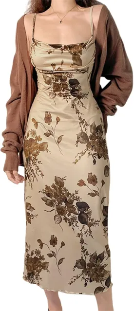 Women Y2k Floral Long Dress Flowers Spaghetti Strap Maxi Dress Backless Bodycon Slip Dress Sundress