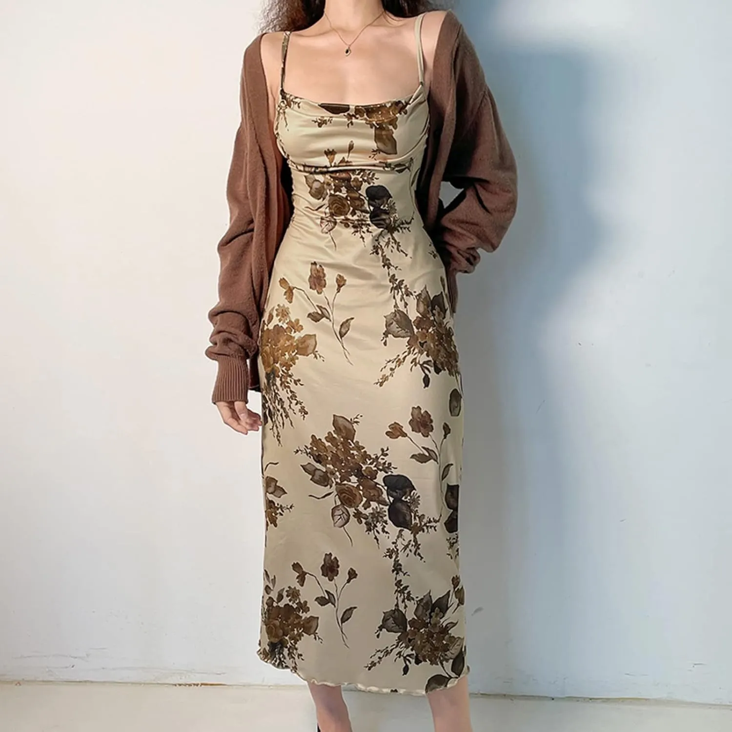 Women Y2k Floral Long Dress Flowers Spaghetti Strap Maxi Dress Backless Bodycon Slip Dress Sundress
