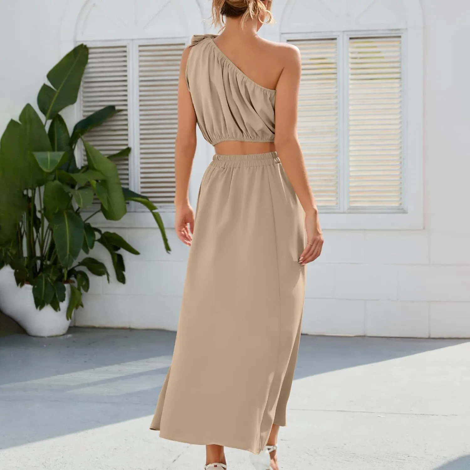 Womens 2 Piece Summer Outfits One Shoulder Smocked Crop Top Casual Split Vacation Maxi Skirt Dress Set 2024 Fashion