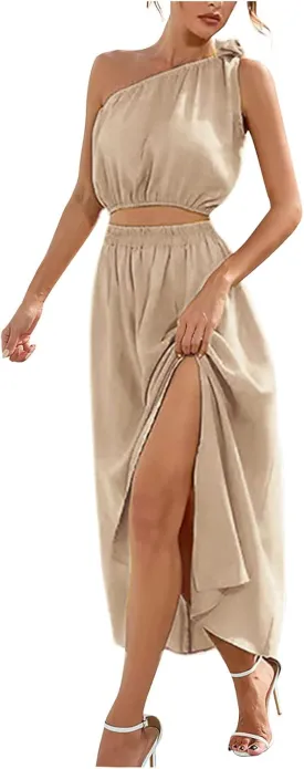 Womens 2 Piece Summer Outfits One Shoulder Smocked Crop Top Casual Split Vacation Maxi Skirt Dress Set 2024 Fashion