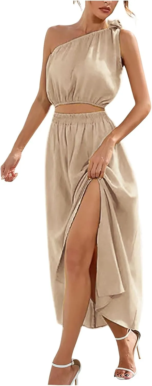 Womens 2 Piece Summer Outfits One Shoulder Smocked Crop Top Casual Split Vacation Maxi Skirt Dress Set 2024 Fashion