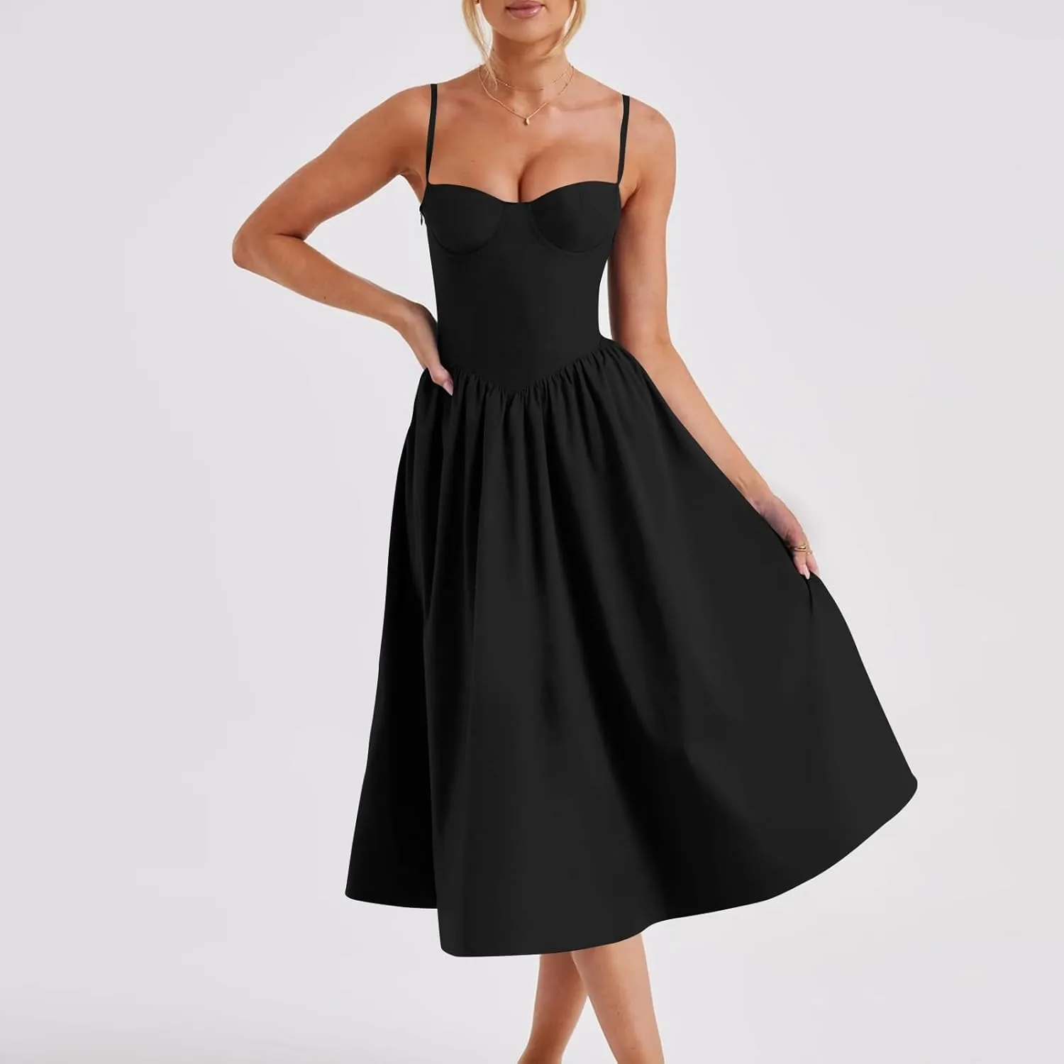 Womens Corset Dress Sexy Spaghetti Strap Bustier Midi Dress Low Cut Flowy Pleated Hem Elegant Formal Dresses with Pocket