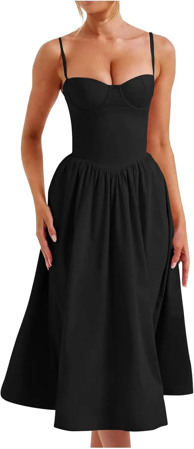Womens Corset Dress Sexy Spaghetti Strap Bustier Midi Dress Low Cut Flowy Pleated Hem Elegant Formal Dresses with Pocket