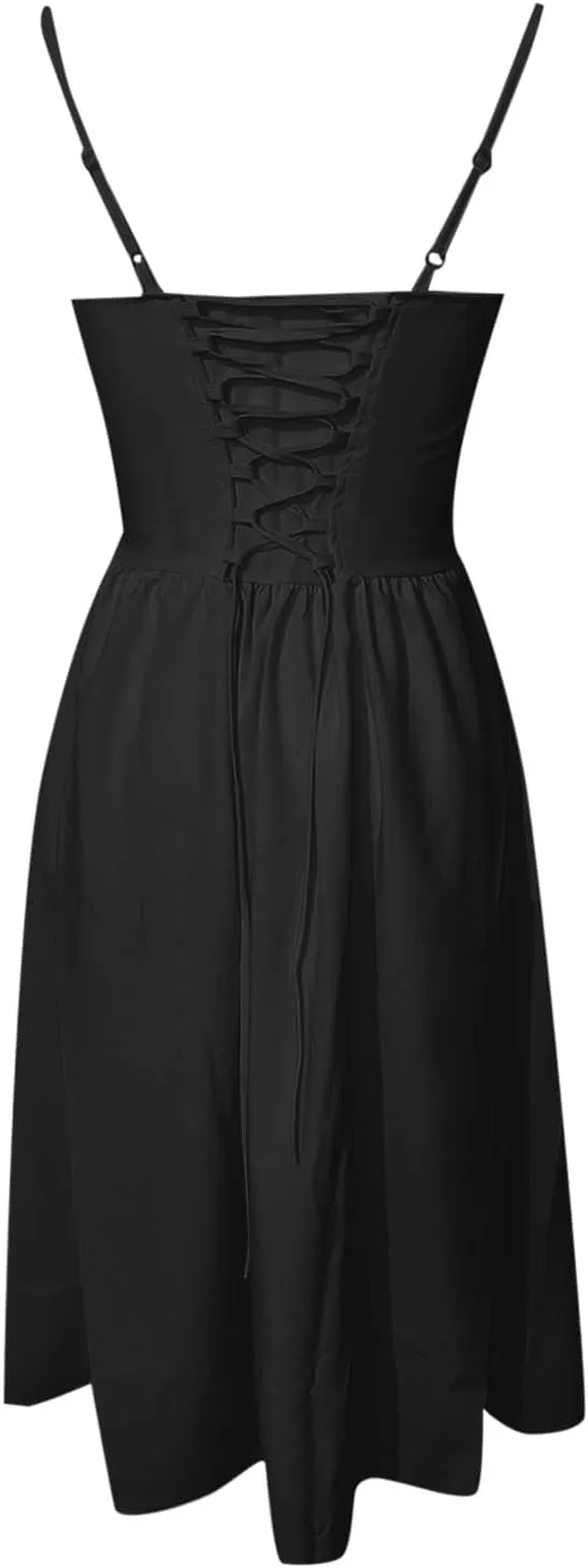 Womens Corset Dress Sexy Spaghetti Strap Bustier Midi Dress Low Cut Flowy Pleated Hem Elegant Formal Dresses with Pocket