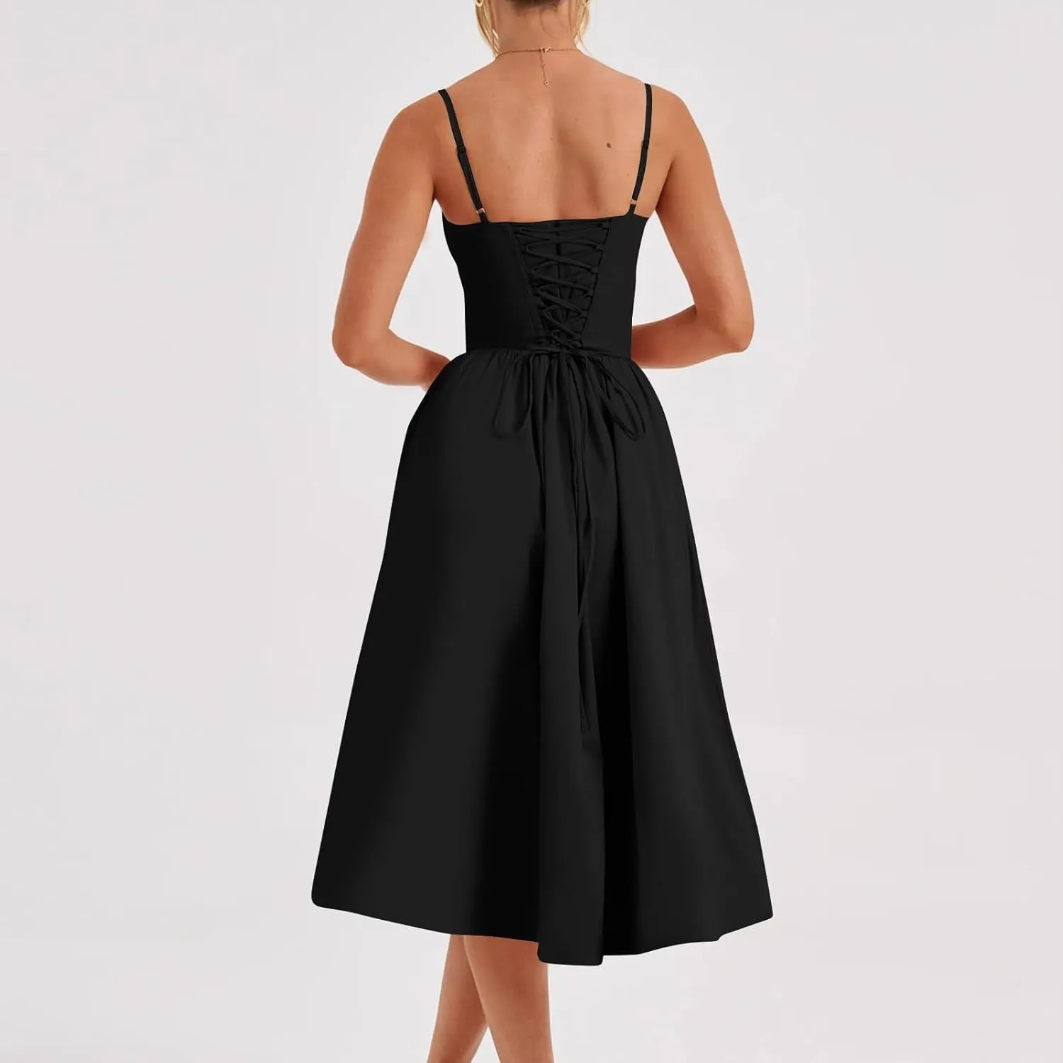 Womens Corset Dress Sexy Spaghetti Strap Bustier Midi Dress Low Cut Flowy Pleated Hem Elegant Formal Dresses with Pocket