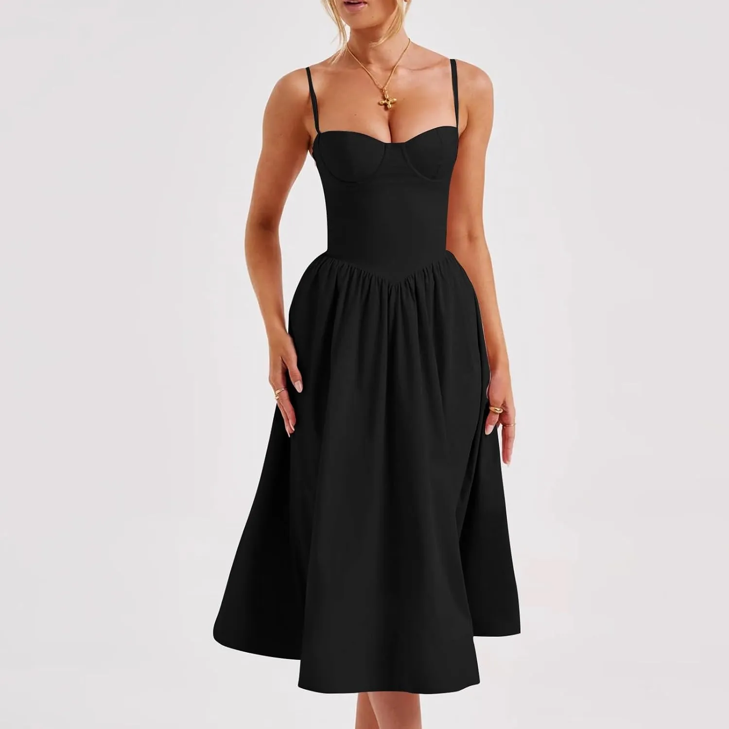 Womens Corset Dress Sexy Spaghetti Strap Bustier Midi Dress Low Cut Flowy Pleated Hem Elegant Formal Dresses with Pocket