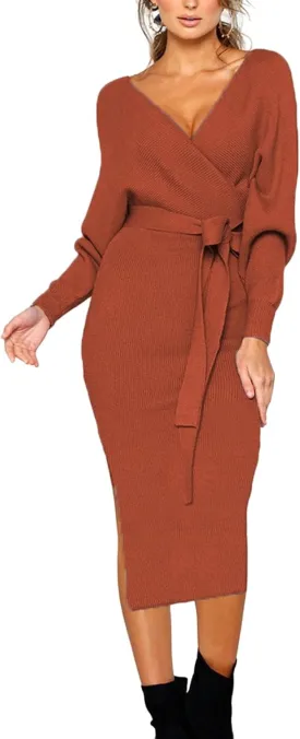 Women's Elegant V Neck Wrap Sweater Dress 2023 Fall Long Sleeve Tie Waist Slim Fit Ribbed Knit Bodycon Midi Long Dress